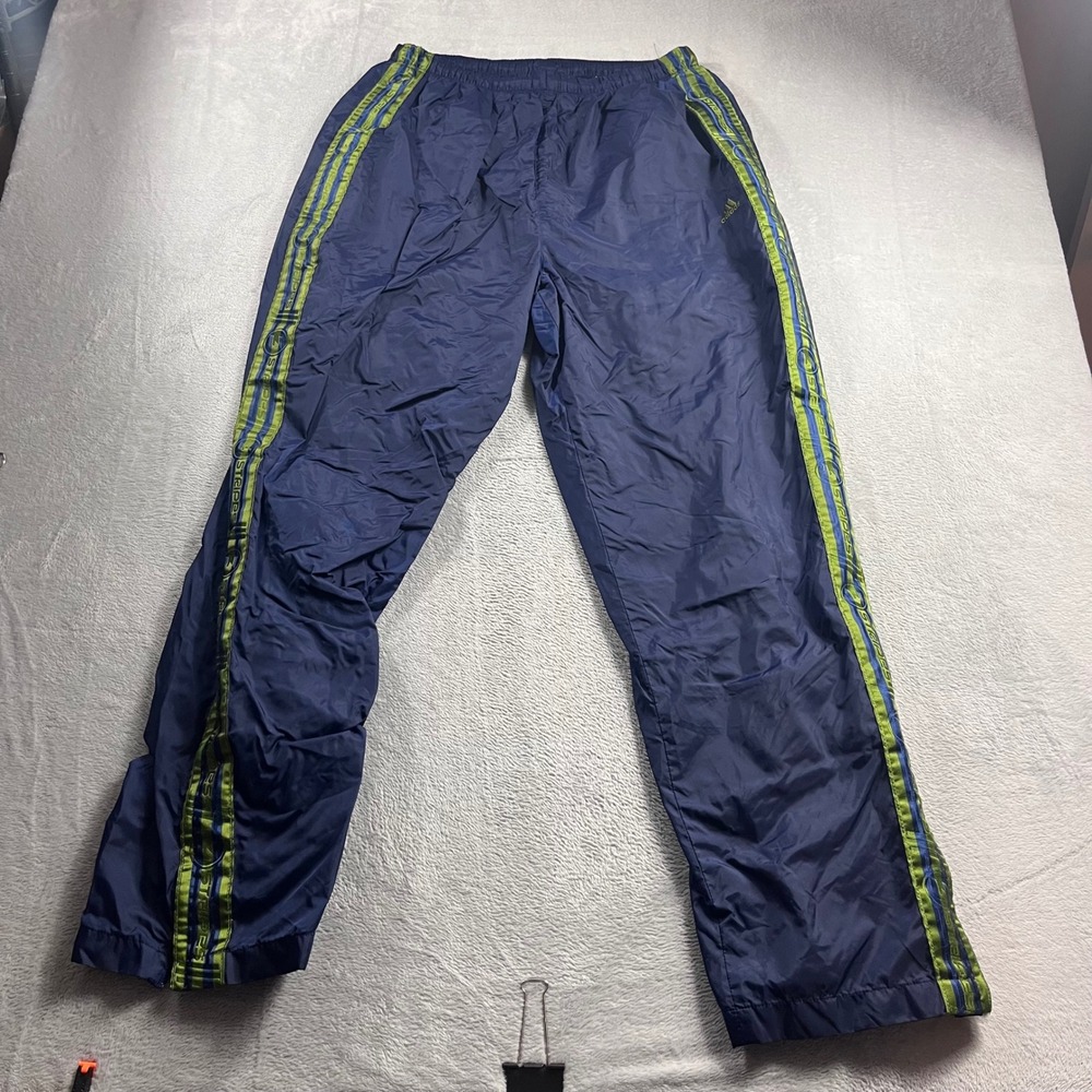 Vintage Adidas Navy Blue Windbreaker Track Pants XL Green Stripe Mesh Lined